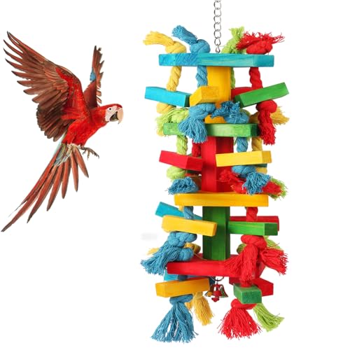 Bird Toys for Large Parrots Natural Wood Block Chewing Toy for Macaws, Cockatoos, African Greys Parrot Cage Hanging Bite Toy for Beak Exercise and Entertainment