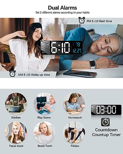 Image of JoFomp Modern 16 inch Large Digital Wall Clock with Remote Control, LED Display, Auto-Dimming, Countdown, Temperature, Calendar - 12 /24Hr Format - Silent Wall Clock for Home, Office, or Gym Use (Blue)