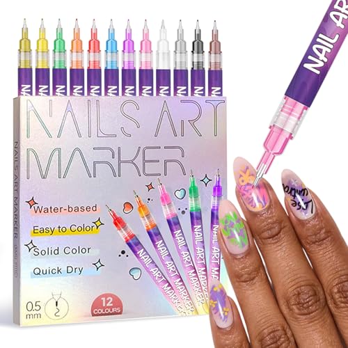 Nail Art Pens Set 3D Nail Polish Markers for Gel Nails 12 Colors Graffiti Dotting Pen 0.5mm Acrylic Paint Pens Drawing Painting Lines Pen for DIY Nails Art Design Doodle Pen Manicure Tools
