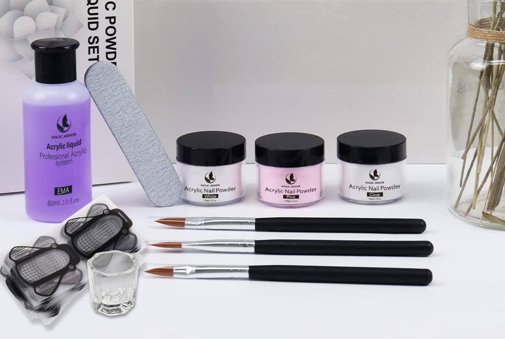 MAGIC ARMOR Set Polvere e 60ML Liquido Acrilico Per Unghie，3 Colori （Polvere Trasparente, Rosa, Bianco) 20g，Adatto a Principianti ed Esperti di Unghie Set Polvere e Liquidi Acrilici