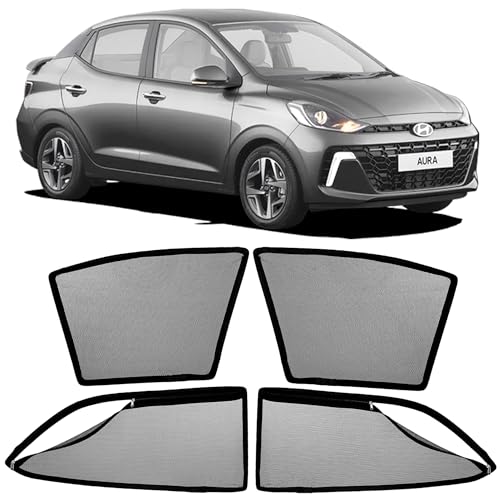 Image of AutoStory Magnetic Car Sunshade for Hyundai Aura | Front Half Cut for Mirror Visibility + Rear Full Coverage with Zipper | Heavy Heat & UV Protection | Privacy Side Window Curtains Shades