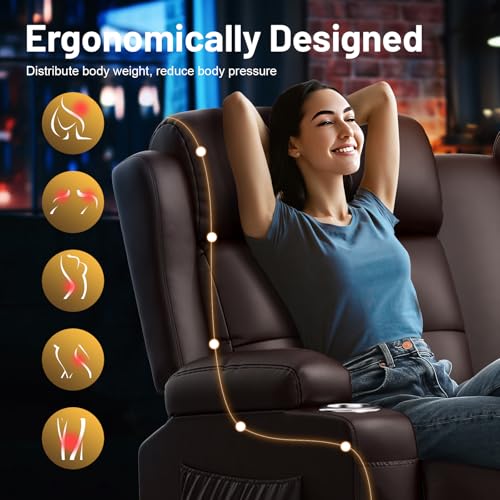 Image of Loveseat Recliner Sofa, Home Theater Seating with Massage, 4 Seat Reclining Loveseats with Console, Wall Hugger RV Couch Movie Theater Chairs, RV Furniture Sofas with USB, Cup Holders for Gaming Room
