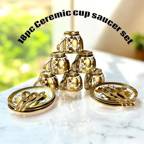 Image of Premium Ceramic Tea Set - 18 PCS | Elegant Gold-Plated Tea Cup Set with 6 Cups, 6 Saucers, 6 Spoons | Ideal for Home, Office, and Parties (Golden)