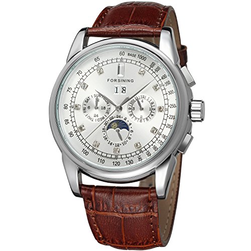Forsining Men's Fantastic Automatic Luxury Brand Brown Genuine Leather Strap Analog Moon Phase