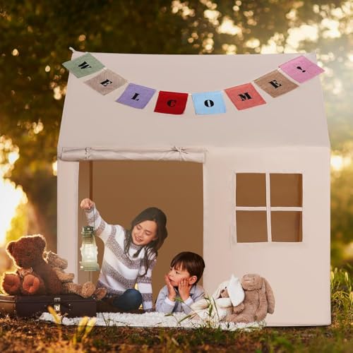 Goutime Tienda de campaña para niños, Gran casa de Juegos para Interiores y Exteriores, para niños, niñas y niños pequeños (Beige con Ventana)