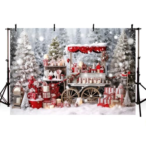 AIBIIN Telón de fondo de Navidad de 7 x 5 pies, árboles de Navidad, carrito de nieve, fondo de fotografía, accesorios de fotos de vacaciones, cabina de retrato de fiesta, telón de fondo decorativo