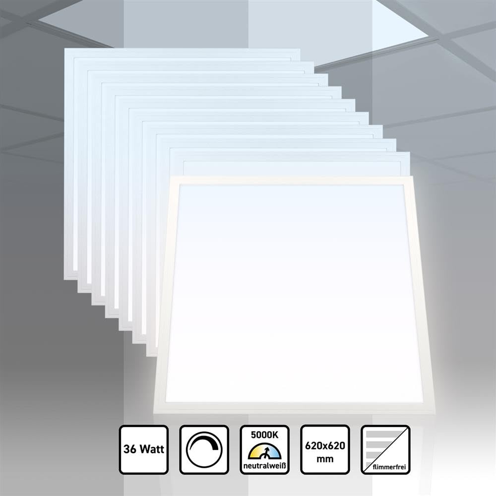 10x LED Panel 62x62 Neutralweiß 5000K dimmbar 0-10V 36W | 4320lm Rasterleuchte Slim Alu flimmerfrei Deckenleuchte Netzteil PLs3.0
