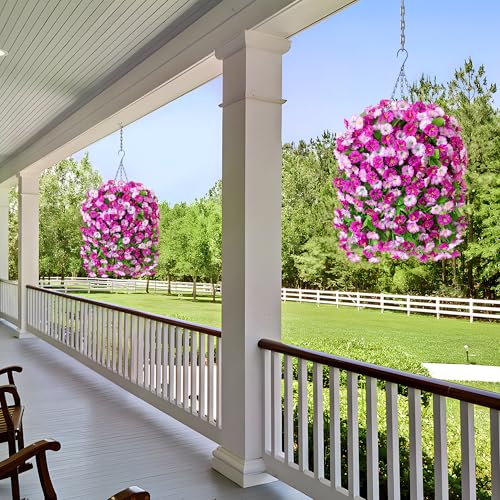 Image of Ammyoo Artificial Fake Hanging Flowers Basket for Spring Summer Decor | Faux Silk Flower in Planter for Summer, Outdoor Artificial Floral for Home Porch Yard(Double Lotus)