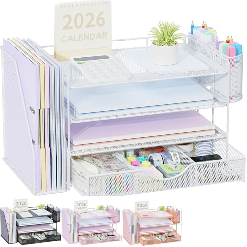 Image of Quhombo Desk Organiser with File Holder,4-Tier Desk Organisers and Accessories with 2 Pen Holders and Drawer,Paper Letter Tray Storage with Magazine Holder for Home Office Supplies(white)