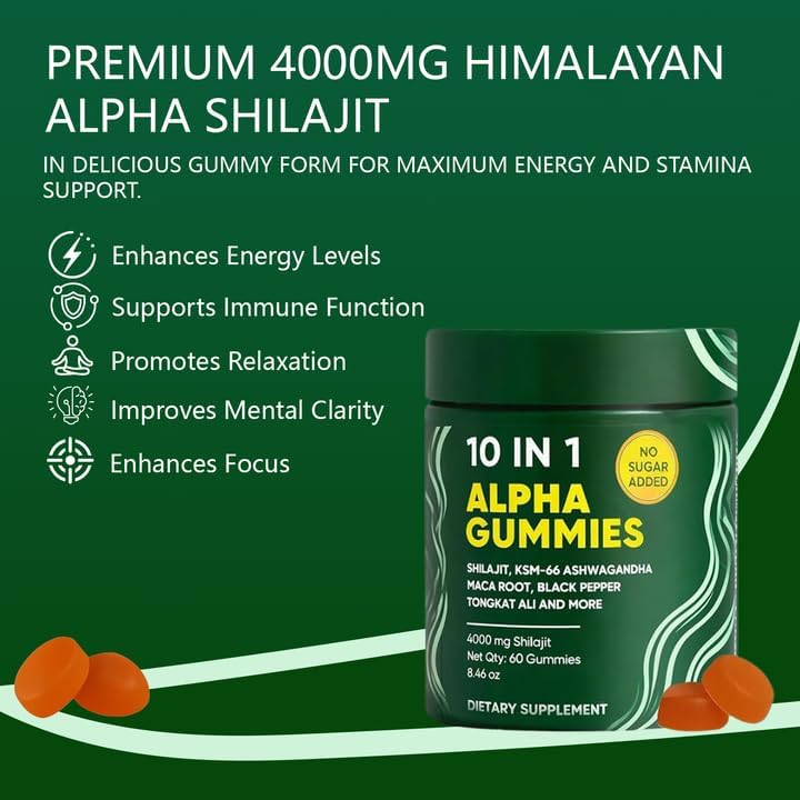 Miniatura 3 de Gomitas Alpha Shilajit 10 en 1, 4000 mg Himalayan Alpha Shilajit para impulso de energía y apoyo inmunológico, con Ashwagandha, Gokshura, ácido