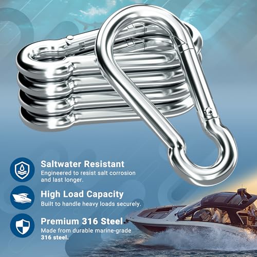 Image of sprookber 316 Stainless Steel Carabiner Clip, Marine Grade Heavy Duty Spring Snap Hook for Outdoor, Boat, Hammock, Set of 5