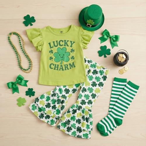 Image of Unique Baby 2 Piece Girls Double Bell Bottom Leggings Outfit with Short Sleeved Shirt Kid and Toddler Clothes Set