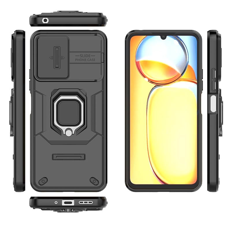 Image of Polycarbonate Camshield Pro Case With Slide Camera Protection And 360 Protection Ring Stand Bumper Back Case Cover For Poco C65 (Black)