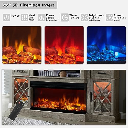Okd PFC70FP36 3-Sided Glass Farmhouse Fireplace Tv Stand For Tvs Up To 80'', Highboy Entertainment Center With Glass Door Storage Cabinet, 70'' Large Tv Stands With 36'' Electric Fireplace thumb #2