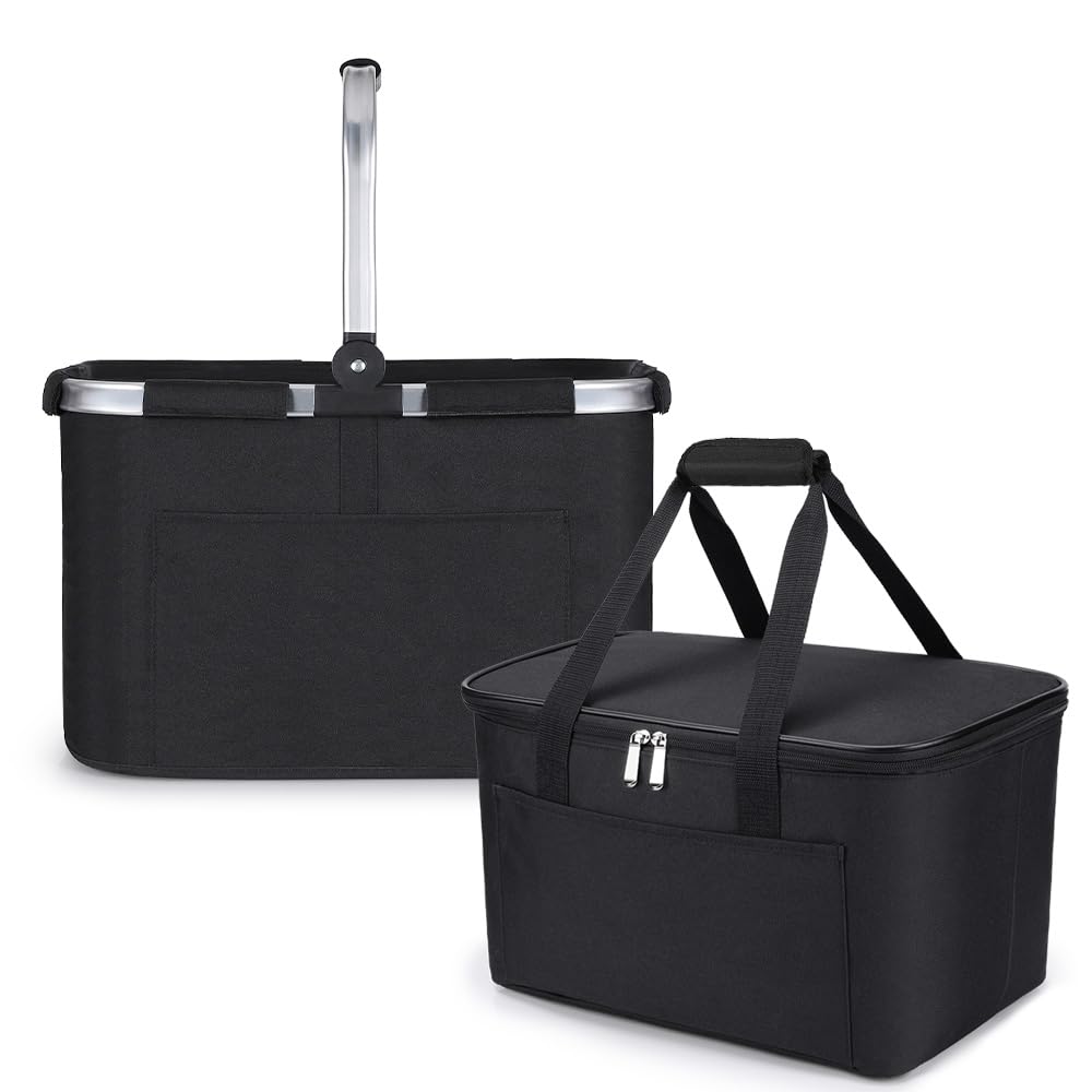 Diurwur Klassischer Einkaufsset 2tlg Bestehend aus Einkaufskorb und Kühltasche Einkaufskorb mit Alu-Griff Faltbare Einkaufstasche mit Isolierung für Arbeit/Einkaufen