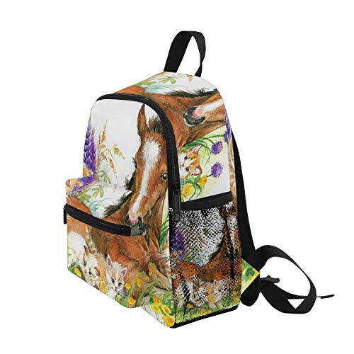 Orezi Cute Toddler Backpack For Boy Girl,Floral Horse And Kitten Kid's Schoolbag Preschool Bag Travel Bacpack With Chest Clip #TOP2