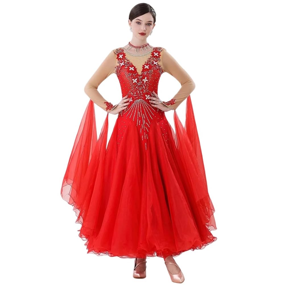 Embroidery Ballroom Dance Dresses for Women Competition Smooth Dance Costumes Modern Waltz Cha Cha Dress Red