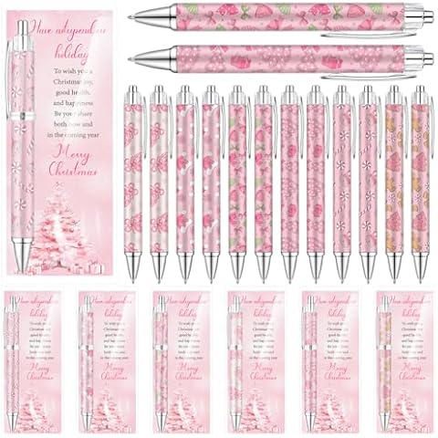 FIONUPI 30 Sets Pink Christmas Ballpoint Pens Coquette Bow Party Favors Rolling Paper Retractable Pen with Thank You Cards OPP Bags Gifts Bulk for Coworker Women Birthday Party Decoration Supplies Cover
