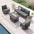 ALAULM Aluminum Patio Furniture Set with Propane Fire Pit Table 5-seat Metal Outdoor Furniture w/Fire Pit Patio Sectional Sofas w/5.1" Cushions for Patio, Backyard, Poolside-Grey