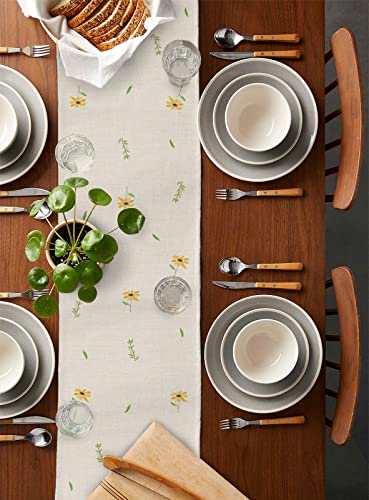 Spring Floral Table Runner 72 Inches Long Farmhouse Dress Scarves, Yellow Daisy Summer Botanical Rustic Linen Texture Dining Tablerunner for Coffee Table/Party/Kitchen Island Décor, 18" x 72"2