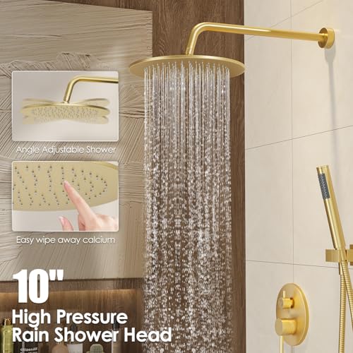 Image of Gabrylly Brushed Gold Shower System with Rough-in Valve, 10 Inch Wall Mounted High Pressure Rainfall Shower Head with Handheld Combo, Luxury All Metal Bathroom Shower Faucet Fixtures Complete Set