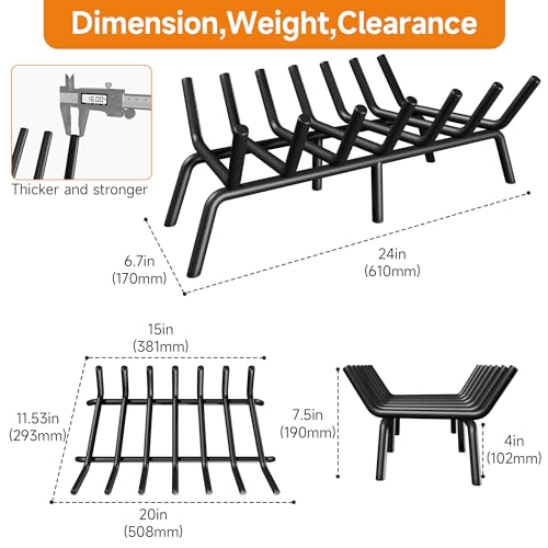 SUZLON Fireplace Grate 24 inch 7 Bar Fireplace Log Grate Heavy Duty Solid Steel Indoor Chimney Hearth with 6 Enhanced Stability Legs Kindling Tools Pit Wood Stove Firewood Burning Rack Holder - Image 2