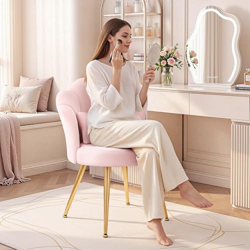 BestGlory Petal Makeup Vanity Chair with Back, Flower Chair Comfy No Wheels for Girls Women, Makeup Chair with Golden Metal Legs & Lumbar Pillow for Living Room/Makeup Room/Bedroom/Home Office - Pink