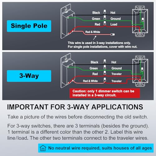 Image of BESTTEN 3 Pack Slide Dimmer Light Switch, Quiet Rocker, Super Slim Single Pole or 3 Way Dimmable Switch, Max 300W LED, CFL, 600W Incandescent, ETL Listed, Black