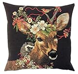 Yapatkwa Belgian Tapestries, Woodland Stag with Hedgehog Decorative Woven Tapestry Pillow / Cushion Cover, 18' x 18'