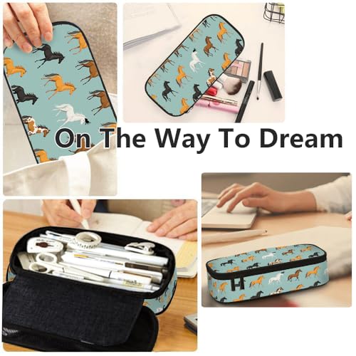 Image of Yekiua Horse Pencil Holder Cute Cartoon Pony Abstract Run Farm Mare Big Capacity Pencil Case Multi-Purpose Makeup Pouch For Office College Adult Colorful