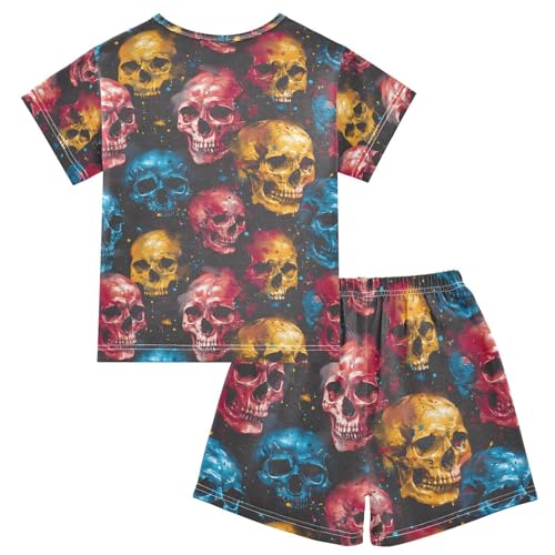 ALAZA Watercolor Sugar Skull Skeleton Pajamas Set Short Sleeve Cotton Sleepwear Summer Pjs 2 Piece 5-14Y2