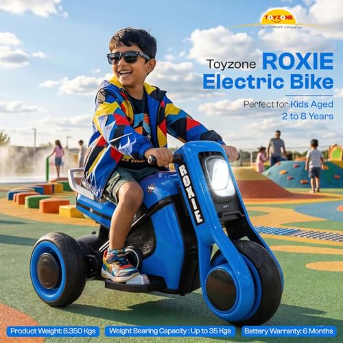 Image of Toyzone Roxie Kids Electric Bike (Blue)| Rechargeable Bike with 6V 4.5Ah Battery | MP3 /USB /BT Music & LED Lights| Smooth Acceleration | 6 Months Battery warranty, For Kids Age 2 to 8 Years, Upto 35 kg
