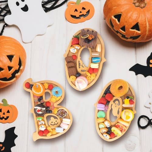 Image of 3PCS Wooden Halloween Charcuterie Board Set - Boo Letters (with 14 Balloons) - Halloween Party Table Decoration & Food Tray Platter