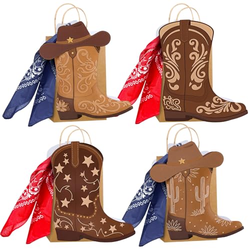 Tinlade 24 Sets Cowboy Boots Paper Bags with Paisley Bandanas Western Party Decorations Wild West Kraft Gift Bag Rodeo Cowgirl Boot Hat Goodie Bag for Bachelorette Baby Shower Last Rodeo Party