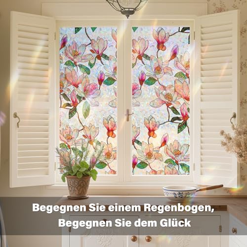 Conkov Fensterfolie Blickdicht Selbsthaftend, Bunt Sichtschutzfolie Regenbogen Statisch Haftend Folie Fenster Anti-UV Sonnenschutzfolie für Wohnzimmer Küche, Magnolie 44,5 x 200cm