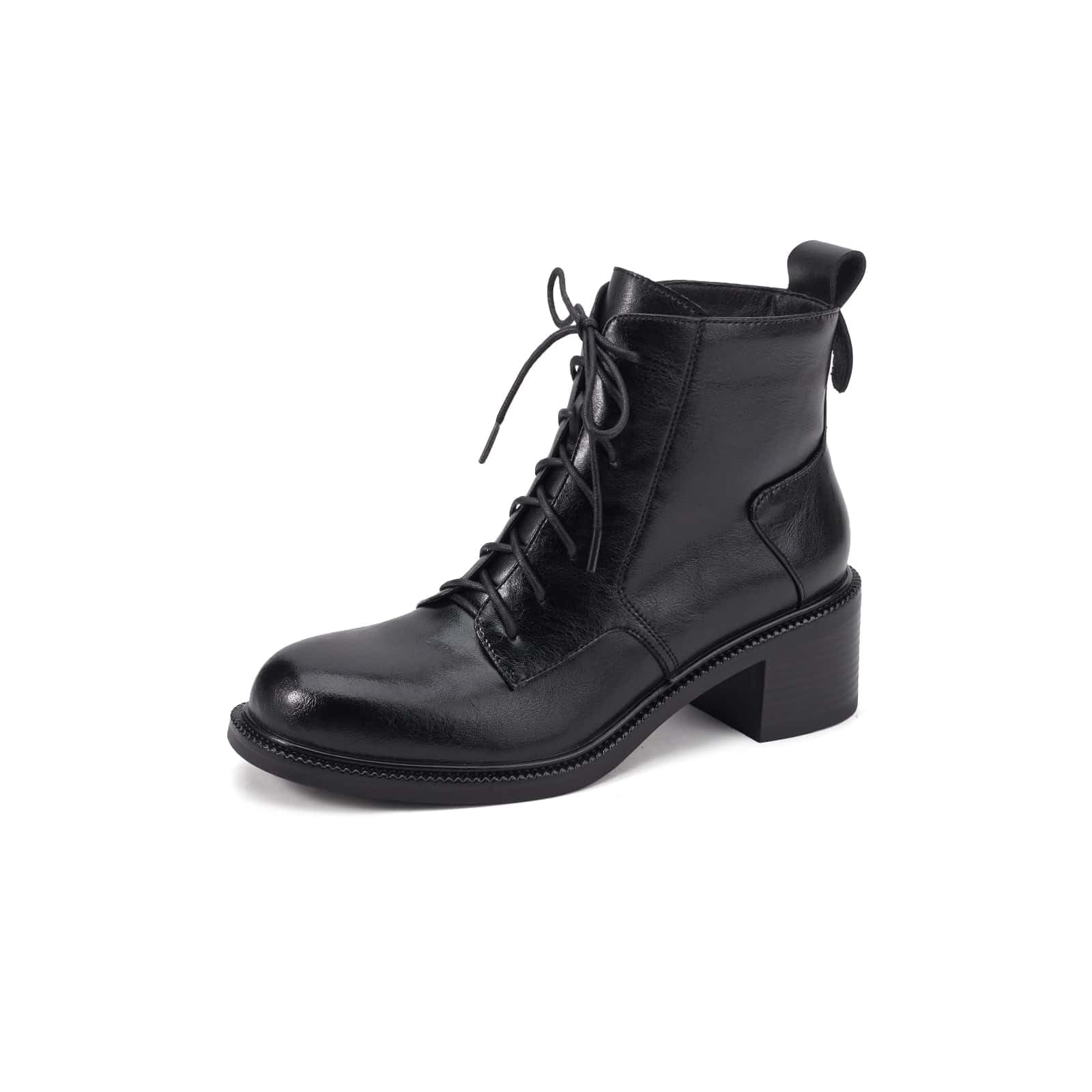 TinaCus Womens Combat Boots Handmade Genuine Leather Round Toe Lace Up Side Zipper Low Heel Chunky Ankle Booties