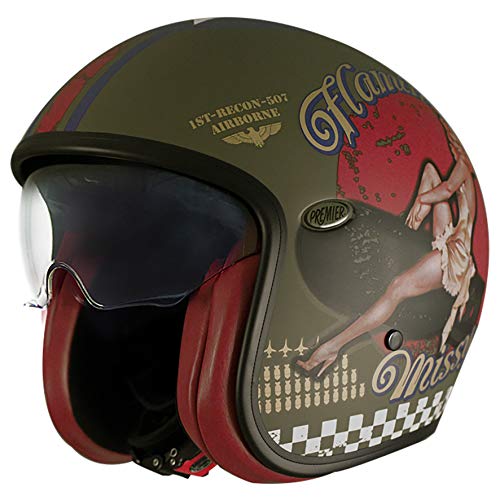 Interni:Removibili e lavabili Premier Casco Vintage Pin Up Military Bm,Verde Militare/Giallo/Rosso,L
