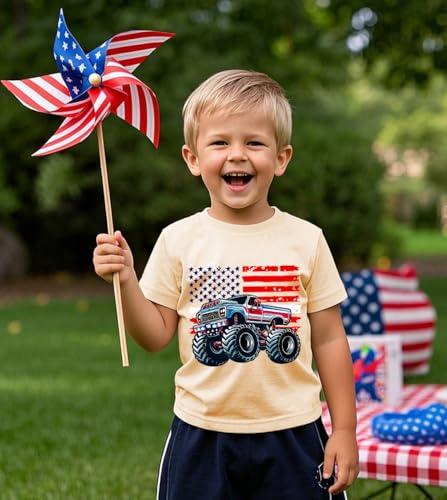 Image of 4th of July Shirts for Kids American Flag Truck T-Shirts Toddler Boys Patriotic Independence Day Memorial Day Tops Beige Tees 2T