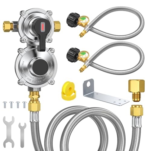 RV 2-Stage LP Propane Regulator with 2 18 LP Pigtail Hoses & Gauge And 48 Outlet Extension Hose Dual Propane Tank Connection Kit With Braided QCC1 1/4 Inverted Male Flare for RV Campers Trailers