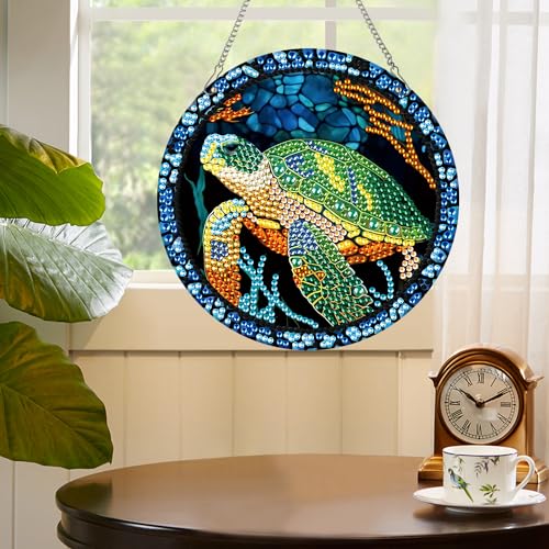 Image of AiYuanzsh Sea Turtle Diamond Painting Hanging Pendant Kit, Special Shaped Diamond Dots Acrylic Ornament, DIY Diamond Art Pendant for Adults Home Wall Window Decoration Gift
