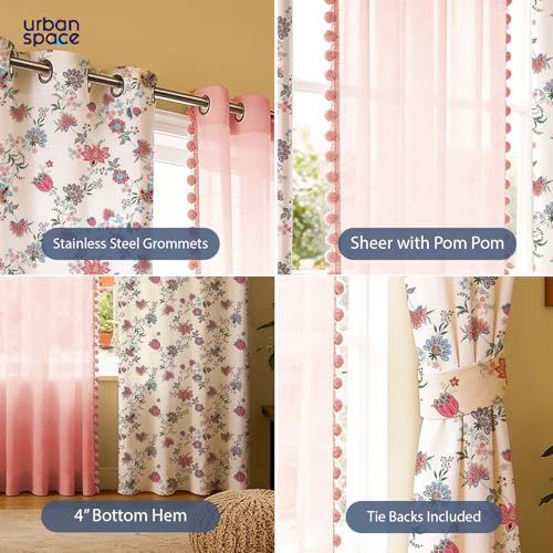 Image of Urban Space Printed 100% Cotton Curtain for Door, Cotton & Sheer Combo Set of 3 Curtains 8 Feet, Tieback & Eyelets Included with Curtains for Room Darkening (Passion Flower & Salmon Pink pom pom)