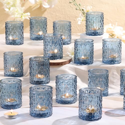 24pcs Blue Votive Candle Holders, Tea Lights Candle Holder for Wedding Table Decor, Blue Candle Holders for Table Centerpiece, Birthday and Party Decorations