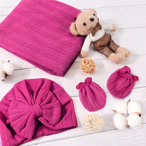 Image of AQOKKA Newborn Receiving Blanket with Bow Hat Headband Wooden Card Set Wheat-Pattern Newborns Toddler Baby Boy Girl Nursery Swaddle Wrap