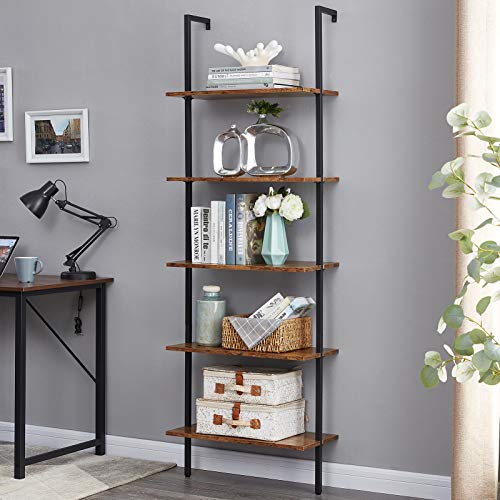 SUPERJARE Industrial Ladder Shelf, 5-Tier Wood Wall-Mounted Bookcase with Stable Metal Frame, 72 Inches Storage Rack Shelves Display Plant Flower, Stand Bookshelf for Home Office - Rustic Brown
