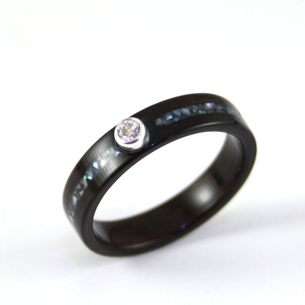 Ebony Wooden Engagement Ring With Crushed Pearl Inlay Set With 3mm Cubic Zirconia Stone In Sterling Silver Bezel