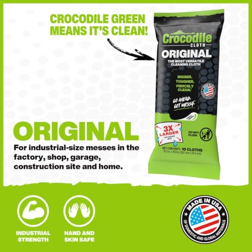 Image of Crocodile Cloth Original Cleaning Wipes, Heavy-Duty Multi-Surface Hand & Tool Wipes, Water-Based, Safe on Skin, 10 Count, 15 x 10 Inch