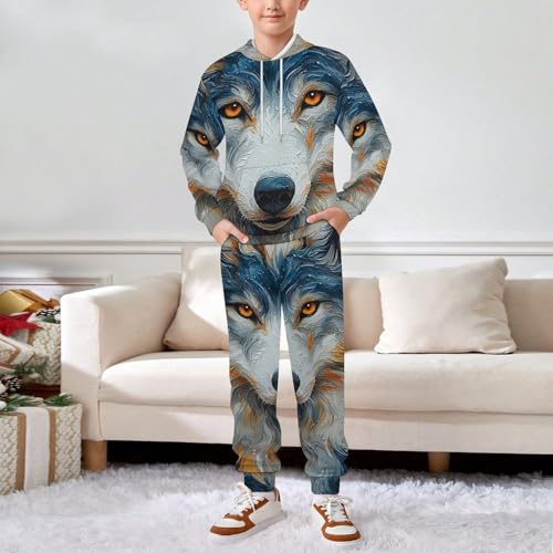 Boys Girls Sweatshirt Pullover Hoodie & Pants Kid Active Sweatsuit Tracksuit, Wolf Psychedelic Abstract3