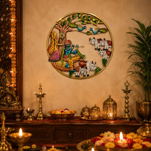 Image of iHandikart Krishna Radha Metal Wall Art for Living Room | Handmade Round Wall Sculpture with Peacock & Cow Design | Traditional Decorative Wall Hanging for Home, Bedroom, Hall & Office | 25 * 25 Inch