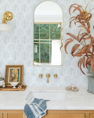 Image of MelunMer Geometric Peel and Stick Wallpaper Boho Green White 17.3''x393'' | Modern Self Adhesive Removable Wallpaper for Bedroom /Bathroom Waterproof, Contact Paper for Cabinets, Drawers Easy to Install
