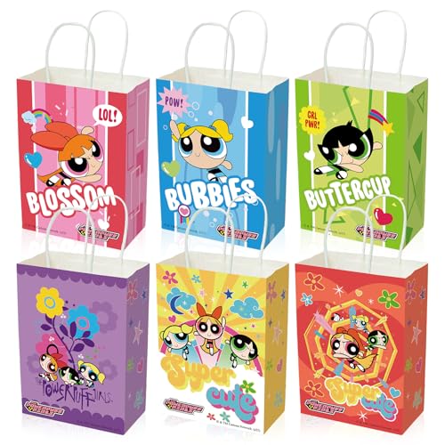 CoCube+ The Powerpuff Girls Gift Bags with Handles 6 Pack Colorful Paper Bags 6.3 x 3.2 x 8.6 Assorted Designs for Party Favor Birthday Baby Shower Goodie Bag Christmas Gift Bag for Kids